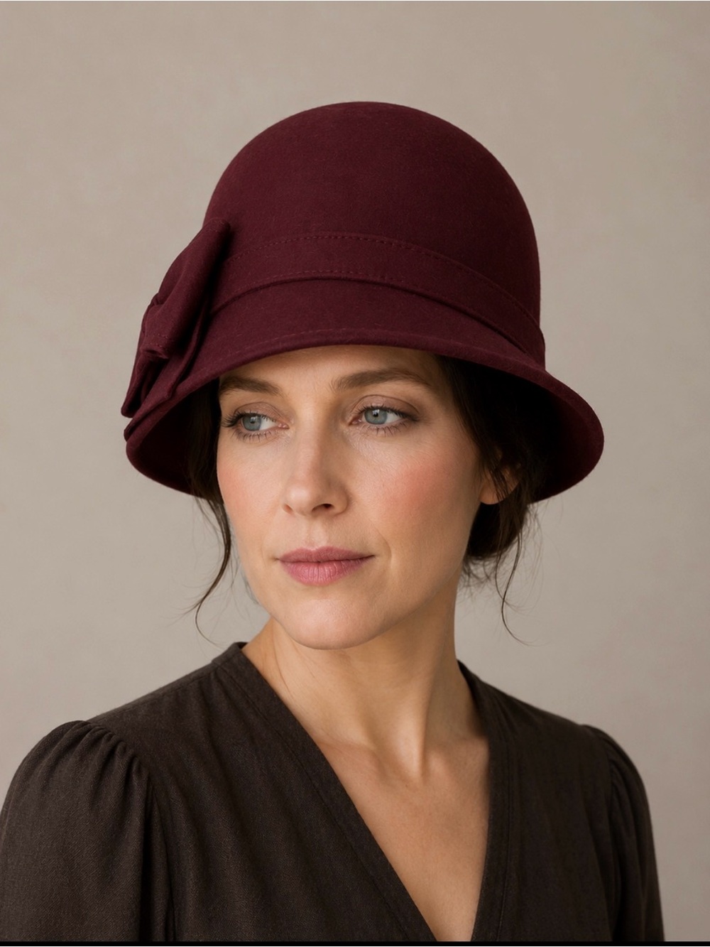 Womens Burgundy Cloche Hat with Side Bow